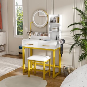 KTMBDW Modern Vanity Desk with Mirror, LED Lights and Power Outlet Makeup Vanity Table with 2 Drawers and 2 Metal Leg for Bedroom Dressing Room - 1 of 4