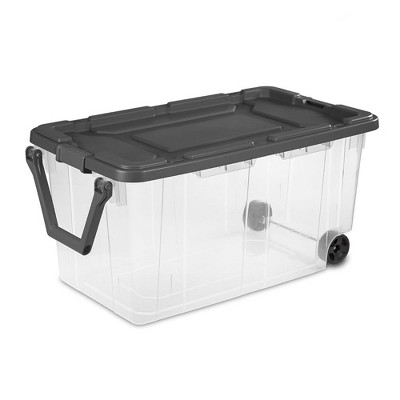 Sterilite 160 Quart Plastic Rolling Stacker Box, Lidded Stackable Storage Bin Container for Home, Garage, and Camping, 2-Pack, Clear Base & Gray Lid