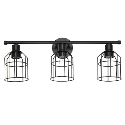 Black Industrial 3-Light Vanity Fixture with Wire Cage Shades