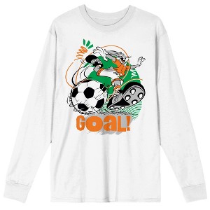 Looney Tunes Bugs Bunny Kicking Soccer Ball Adult White Crew Neck Long Sleeve Tee - 1 of 3