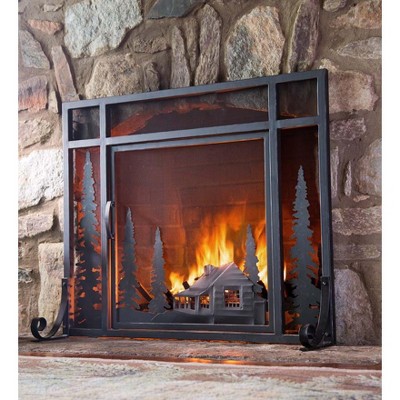 Plow & Hearth Large Mountain Cabin Fireplace Fire Screen with Door, in Black