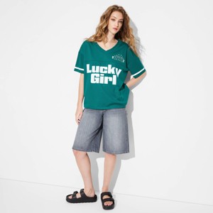 Women's Short Sleeve V-Neck Graphic Mesh Jersey Shirt - Wild Fable™ - 1 of 4