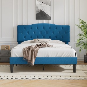 VECELO Upholstered Bed Wooden Platform Bed with Velvet Adjustable Headboard No Box Spring Neededs Frame - 1 of 4