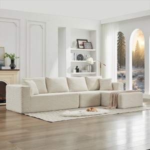 137.8" Corduroy Upholstery L-Shaped Cloud Modular Sectional Sofa with Right Chaise and Pillows, All-Foam Compression Design - 1 of 4