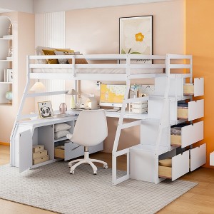 Whisen Full Size Loft Bed with 7 Drawers, 2 Shelves and Desk, Solid Construction - 1 of 4