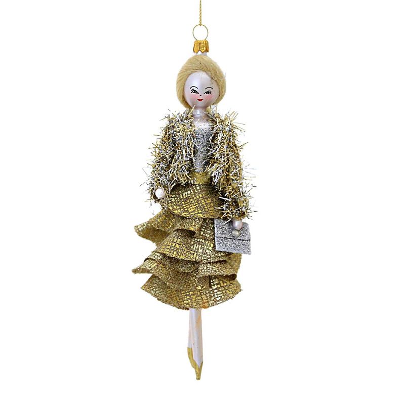 Italian Ornaments 6.5 Inch Cora In Gold Ruffled Skirt Diva Shopping Ladies Style 5Th Avenue Tree Ornaments, 1 of 4