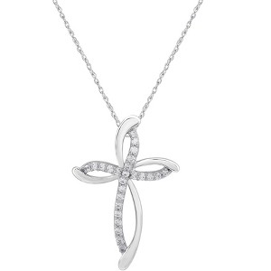 GILDED 1/4 Carat Total Weight Diamonds Swirl Cross Pendant-Necklace in 10KT White Gold or 925 Sterling Silver, Natural Round-Cut Diamond, 18" Chain - 1 of 4