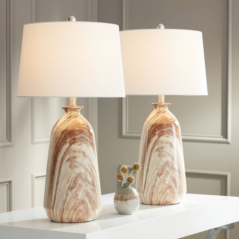 360 Lighting Carlton Modern Table Lamps 28" Tall Set of 2 Swirling Brown Faux Marble White Tapered Drum for Bedroom Living Room Bedside Nightstand, 2 of 9