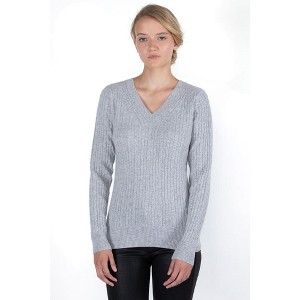 J CASHMERE Women's 100% Cashmere Cable-knit Long Sleeve Pullover V Neck Sweater - 1 of 3