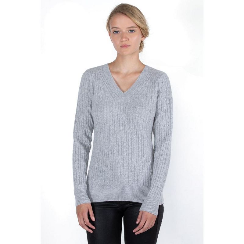J CASHMERE Women's 100% Cashmere Cable-knit Long Sleeve Pullover V Neck Sweater, 1 of 3