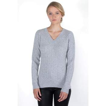 J CASHMERE Women's 100% Cashmere Cable-knit Long Sleeve Pullover V Neck Sweater
