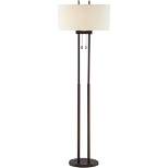 Franklin Iron Works Modern Floor Lamp Twin Pole 62" Tall Oil Rubbed Bronze White Drum Shade for Living Room Reading Bedroom Office