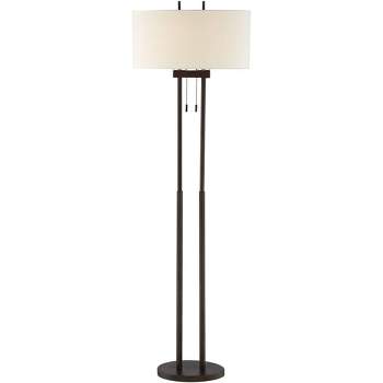 Franklin Iron Works Roscoe Modern Floor Lamp Standing 62" Tall Oil Rubbed Bronze Twin Pole White Drum Shade for Living Room Bedroom Office House Home