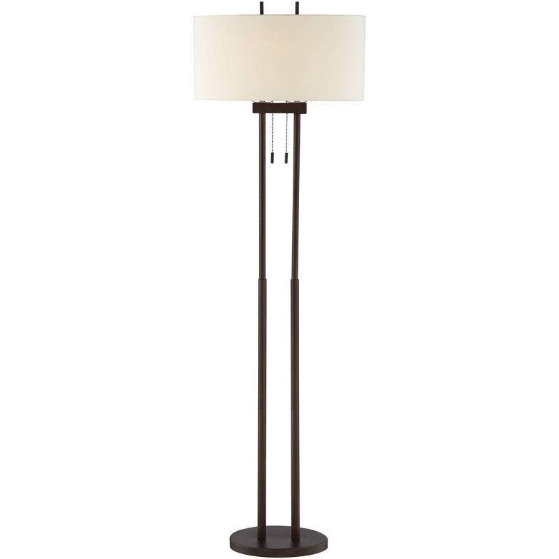 Franklin Iron Works Roscoe Modern Floor Lamp Standing 62" Tall Oil Rubbed Bronze Twin Pole White Drum Shade for Living Room Bedroom Office House Home, 1 of 11