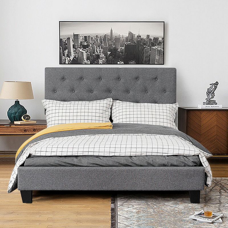 Tangkula Full Size Bed Frame with Headboard Upholstered Mattress Foundation w/Metal Frame & Wood Slats Adjustable Height No Box Spring Needed, 2 of 10