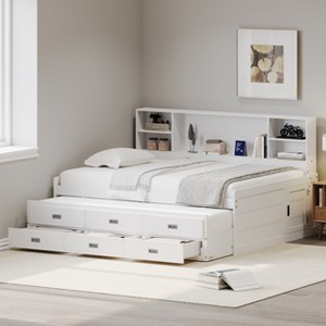 Twin/Full Size Captain DayBed with Storage Bookcase Headboard, Trundle and 3 Storage Drawers, White - ModernLuxe - 1 of 4