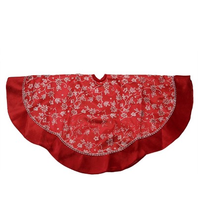 Northlight 48" Red and Silver Glittered Floral Christmas Tree Skirt with Velveteen Trim