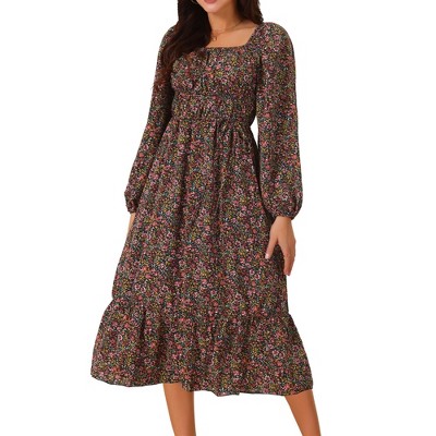 Seta T Women's Boho Square Neck Long Sleeve Floral Flowy Midi Casual Vacation Dress