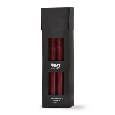TAG Color Studio 12" Straight Taper Unscented Smokeless Paraffin Wax Candle Wine, Burn Time 12 hrs. Set 12