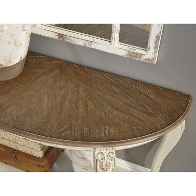 Realyn Demilune Sofa Table with Storage in Distressed White/Brown