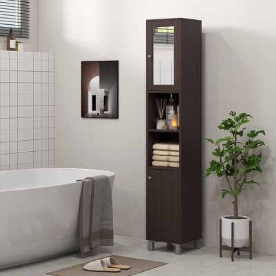 Espresso Tall Wooden Cabinet with Adjustable Shelving and Mirror