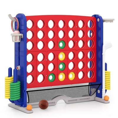 Costway Giant 4-in-a-Row Game Set with Ring-toss, Basketball Hoop, Golf Club & Cup Holders Red + Navy