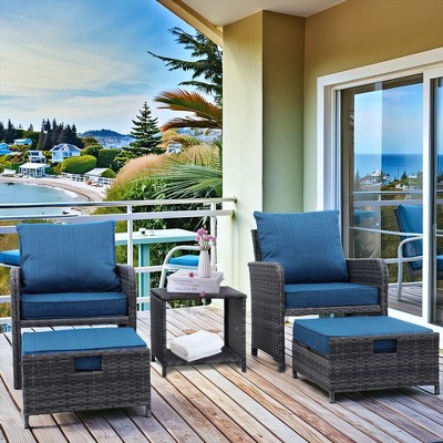 JUJABU 5 Pieces Wicker Patio Furniture Set with Blue Cushion, Ottomans and Coffetable for Poolside Garden Balcony