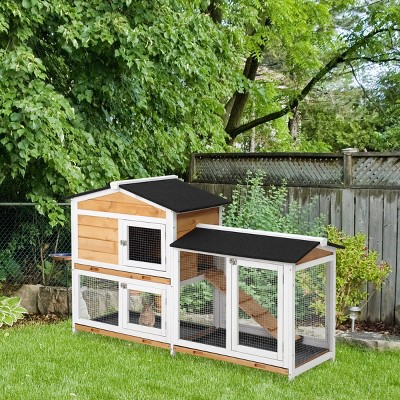 2 Story Wooden Rabbit Hutch with Ramp No Leak Tray and Weatherproof Roof,Small Animal Cage for 1 to 2 Bunnies - LAOTIES