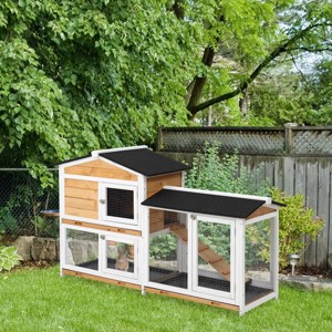 2 Story Wooden Rabbit Hutch with Ramp No Leak Tray and Weatherproof Roof,Small Animal Cage for 1 to 2 Bunnies - LAOTIES - 1 of 4