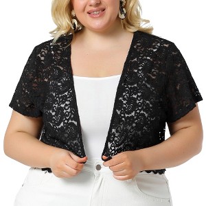 Agnes Orinda Women's Plus Size Short Sleeve Open Front Crochet Lace Allover Cropped Cardigan - 1 of 4