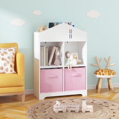Bookcase with Storage, 2-Tier Storage Display Organizer with 2 Collapsible Fabric Drawers for Bedroom Playroom Living Room Office  White+Pink