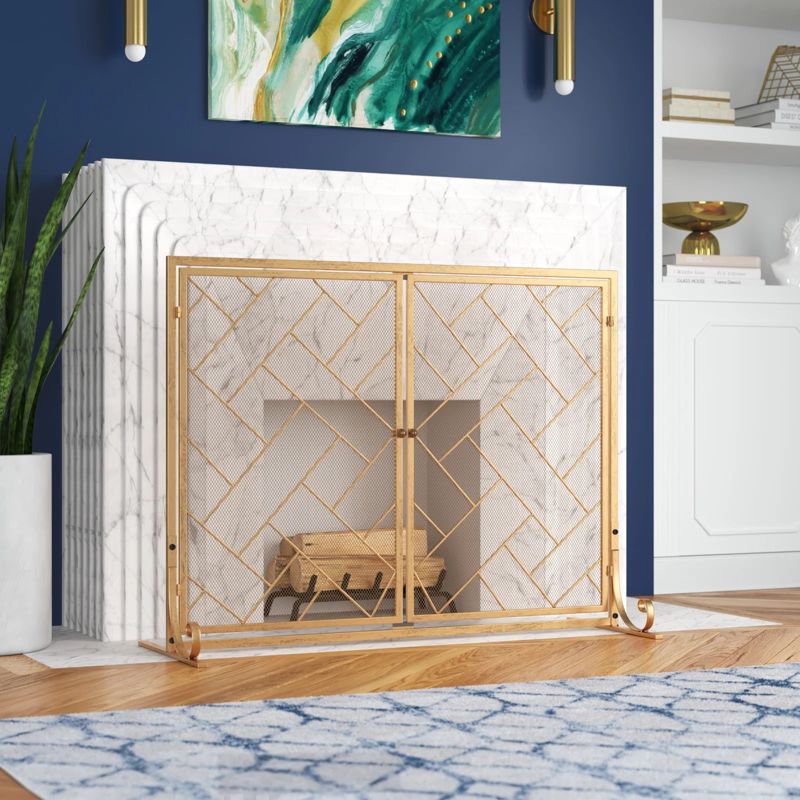 Barton 45" x 33" 2-Panel Wrought Iron Mesh Fireplace Screen, Fire Spark Guard With Magnetic Doors, Gold, 2 of 7