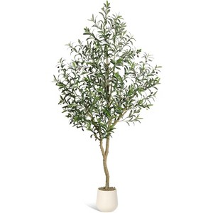 Artificial Olive Tree Indoor, Tall Faux Silk Potted Plant with White Planter, Natural Wood Trunk & Lifelike Olives for Home/Office Decor - 1 of 4