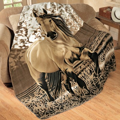 Western Horse Print Beige and Brown Fleece Throw Blanket