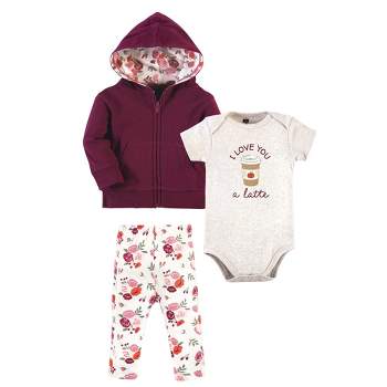 Hudson Baby Infant and Toddler Girl Cotton Hoodie, Bodysuit or Tee Top and Pant Set, Fall Floral Baby