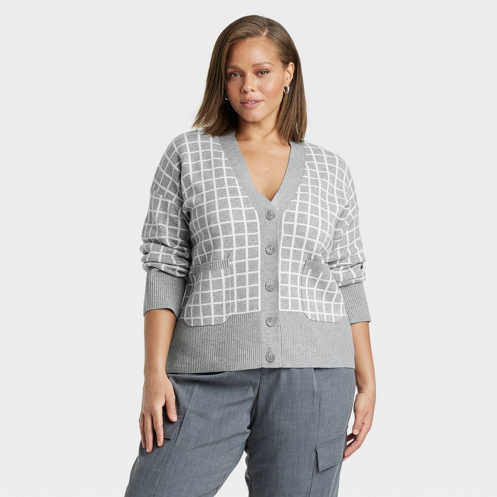 Women's Cozy Knit Everyday Cardigan - A New Day™ Light Gray Windowpane 1X