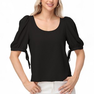 Anna-Kaci Women's Short Puff Sleeve Blouse with Scoop Neckline and Tie Cuff Detail for a Feminine Everyday Look - 1 of 4
