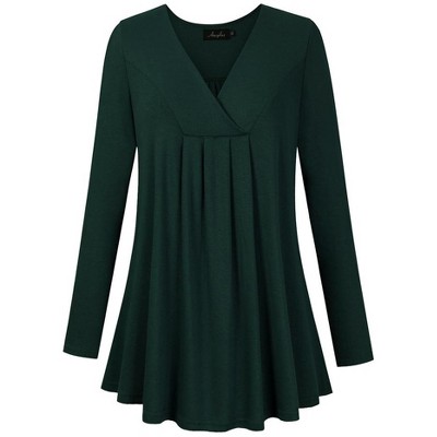 Women's Plus Size Long Sleeve V Neck Tunic Tops Pleated Solid Tee Shirt Causal Loose Blouse, Dark Green, 2XL