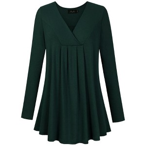 Women's Plus Size Long Sleeve V Neck Tunic Tops Pleated Solid Tee Shirt Causal Loose Blouse, Dark Green, 2XL - 1 of 4