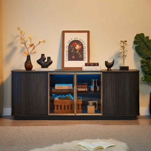 64-Inch TV Cabinet with Wavy Front Panels, TV Stands with Curved Sides and LED Lights, Tempered Glass Doors with Aluminum Frame-Coolbibila - 1 of 4
