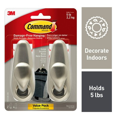 Large Brushed Nickel Metal Wall Hooks with Adhesive Strips