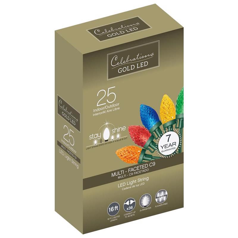 Celebrations Gold LED C9 Multicolored 25 ct String Christmas Lights 16 ft., 1 of 2