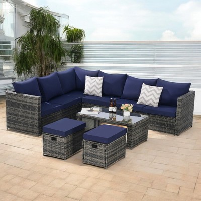 Mshliw 6-Piece Outdoor Wicker Furniture Set with Cushions & Glass Table - All-Weather Patio Sofa for Backyard, Garden, and Porch-Dark Blue