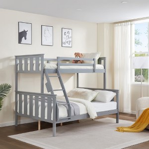 MAYEERTY Twin over Full Bunk Bed with Ladder, Wooden Bed Frame with High Guardrail and Ladder for Kids, No Box Spring Needed, Gray - 1 of 4