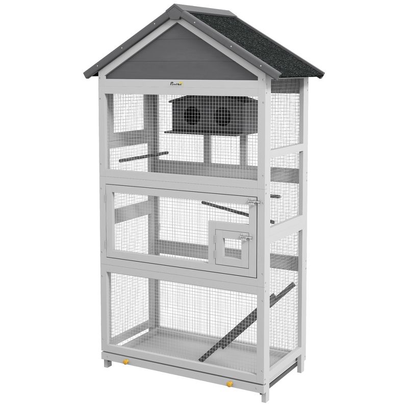 PawHut Wooden Bird Aviary, 67" Outdoor Bird Cage with Slide-Out Tray, Three Doors, Birdhouse, Ladder, Perches for Finches, Parakeets, Gray, 4 of 7