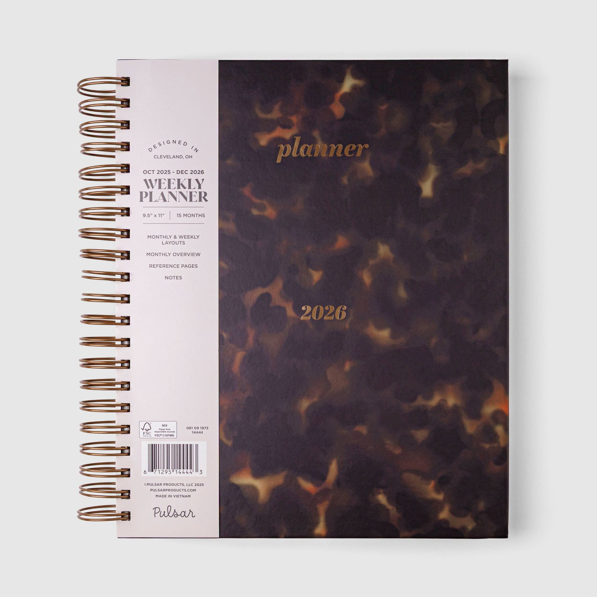 Pulsar Eco Products 2025-2026 15 Months 11"x9.5" Hardcover Large Spiral Planner Tortoise Shell