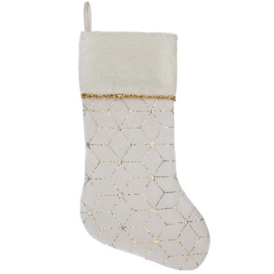 Northlight 20" Cream and Gold Faux Fur Geometric Pattern Christmas Stocking