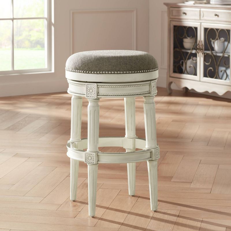 55 Downing Street Oliver Wood Swivel Bar Stool Distressed White 30 1/2" High Traditional Gray Round Cushion with Footrest for Kitchen Counter Height, 2 of 9
