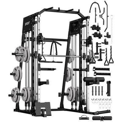 Smith Machine 2200 LBS, Multi-Function Squat Rack Power Cage with Smith Bar, LAT Pull-Down, Cable Systems, Leg Hold-Down and More Attachments