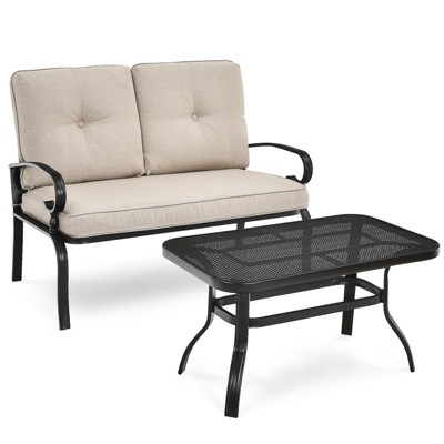 Tangkula 2PCS Patio Conversation Set Outdoor Loveseat w/Coffee Table & Cushions